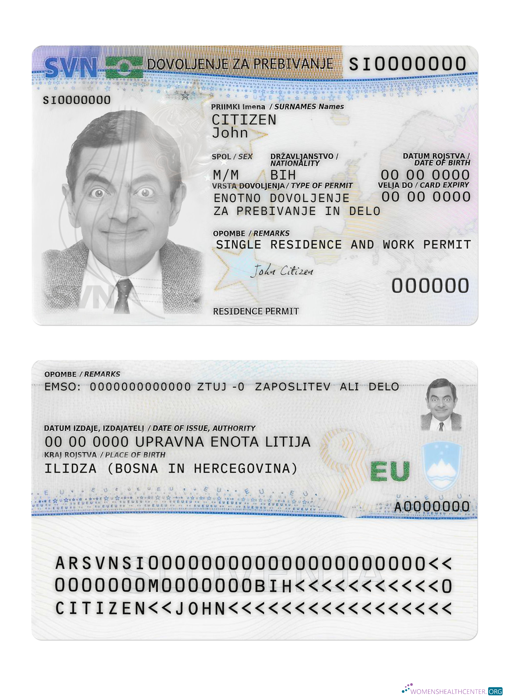 Download Slovenia residence permit card Photoshop template